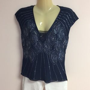 Navy Blue dressy top blouse DKNY sz 4 Sequined